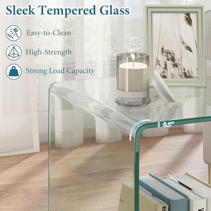 Tangkula Tempered Glass Side Table, Modern C-Shaped Bedside Table Nightstand with Storage Shelf, 4 Lockable Universal Wheels, Rolling Sofa End Table for Living Room Bedroom Office (1, Transparent) - color: Transparent