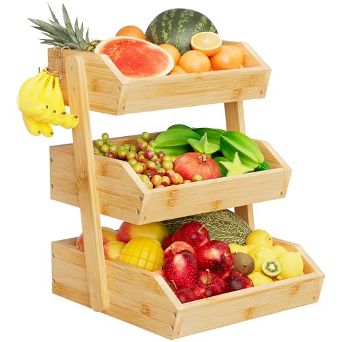 Hellojin Bamboo 3 Tier Fruit Basket for Counter with 2 Banana Hangers | Wooden Tiered Organizer, Protective Mats, Large Capacity, Versatile Holder for Bread, Snacks, Veggies, Onion and Potato - color: Bamboo-3 tier