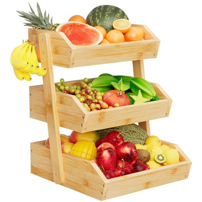 Hellojin Bamboo 3 Tier Fruit Basket for Counter with 2 Banana Hangers | Wooden Tiered Organizer, Protective Mats, Large Capacity, Versatile Holder for Bread, Snacks, Veggies, Onion and Potato - color: Bamboo-3 tier