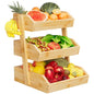 Hellojin Bamboo 3 Tier Fruit Basket for Counter with 2 Banana Hangers | Wooden Tiered Organizer, Protective Mats, Large Capacity, Versatile Holder for Bread, Snacks, Veggies, Onion and Potato - color: Bamboo-3 tier