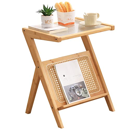 Tiita Rattan Side Table, Mid Century Nightstand, Bamboo Accent Bedside Tables, Glass Coffee Tables, Boho Wooden End Table with Storage for Small Space, Living Room and Bedroom - color: Rattan-l-wood