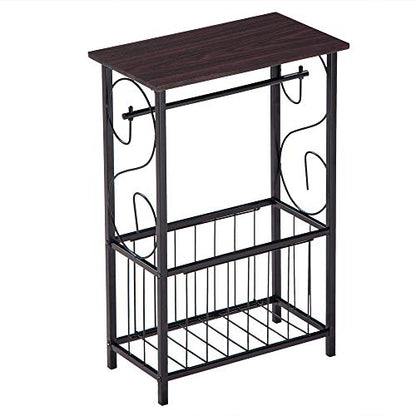 Side Coffee End Table,Multifunctional Bathroom Table,Bathroom Free Standing Floor Storage Side Corner Table Shelf with Toilet Paper Holder Stand and Magazine Rack,Metal Frame & Wood Top,Dark Brown