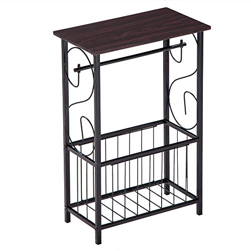 Side Coffee End Table,Multifunctional Bathroom Table,Bathroom Free Standing Floor Storage Side Corner Table Shelf with Toilet Paper Holder Stand and Magazine Rack,Metal Frame & Wood Top,Dark Brown