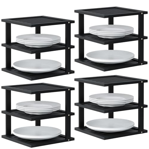 4 Pack Bamboo Corner Shelf,3 Tier Kitchen Cabinet Organizer for Plates and Dishes,Pantry Storage and Spice Rack（Black） - color: Black, size: 4 PC