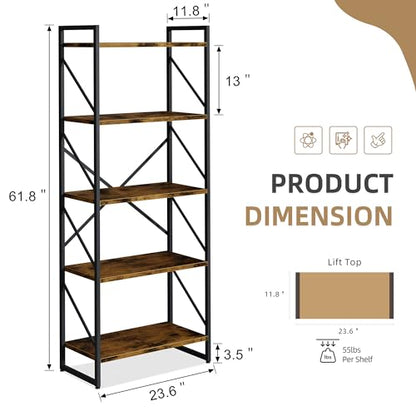 Vongrasig 5 Tier Bookshelf, Modern Industrial Bookcase with Metal Frame | 62” Tall Display Shelf, Free Standing Storage Organizer for Home Office, Living Room, Bedroom, Rustic Brown - color: Rustic Brown