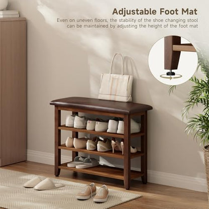 Shoe Bench with Leather Cushion,Rubberwood Bench with Shoe Rack | 3-Tier Shoe Storage Organizer for Entryway,Hallway,Living Room - size: 3-Tier-31.5"