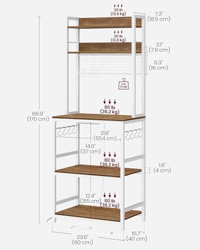 VASAGLE Bakers Rack with Power Outlet, Microwave Stand, Kitchen Tall Utility Storage Shelf, with Metal Wire Panel, 14 Hooks, 15.7 x 23.6 x 66.9 Inches, Rustic Walnut and Cloud White UKKS037W41 - color: Rustic Walnut + Cloud White, size: 23.6"W