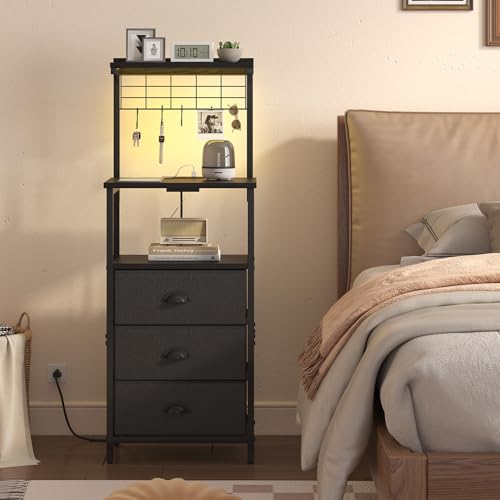 sthmec Bedside Tables Tall Nightstands with Charging Station, LED Bedside Table for Bedroom - 3 PU Fabric Drawers, Hooks, Black - color: Black, style: 3 Darwers