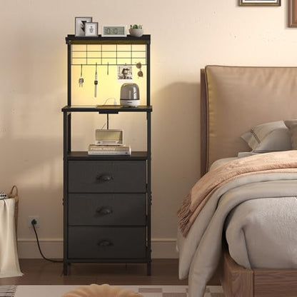 sthmec Bedside Tables Tall Nightstands with Charging Station, LED Bedside Table for Bedroom - 3 PU Fabric Drawers, Hooks, Black - color: Black, style: 3 Darwers
