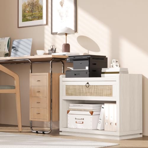 31" Wide Rattan Nightstand with Charging Station, End Side Table | Drawer & Open Shelf, Extra Large Night Stand, Farmhouse, Boho, Wood Bedside Table for Bedroom,Living Room,Office - color: White Cream Oak