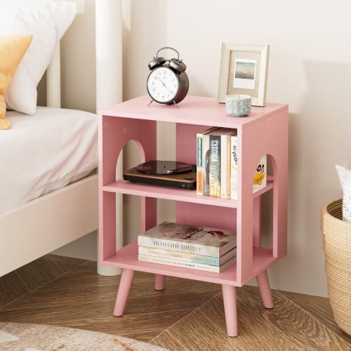 Masupu Night Stand, 3-Tier Modern Nightstand with Open Storage, Wooden Bed Side End Table for Small Space, Living Room, Bedroom, Nursery, Pink - color: Pink, size: 3 tier