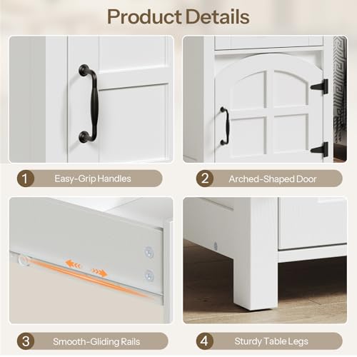 HOOBRO Farmhouse End Table with Charging Station, End Tables Living Room with Drawer, Rustic Nightstand with Arched Barn Door, Wooden Sofa Side Bedside Table, White and Walnut WH406UBZ01