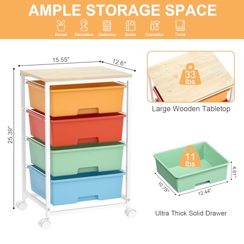 SYKIARIOL Rolling Cart with Drawers, 4-Drawer Utility Cart, Macaron | Storage Cart with 4 Drawers and Wooden Tabletop & Lockable Wheels for Home Office, Bedroom, Kids Room, Classroom,4 Tiers - color: Macaron