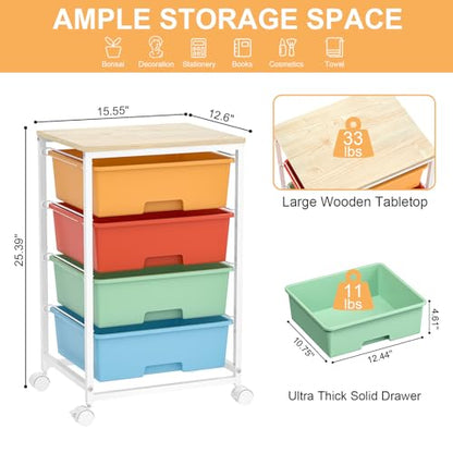 SYKIARIOL Rolling Cart with Drawers, 4-Drawer Utility Cart, Macaron | Storage Cart with 4 Drawers and Wooden Tabletop & Lockable Wheels for Home Office, Bedroom, Kids Room, Classroom,4 Tiers - color: Macaron