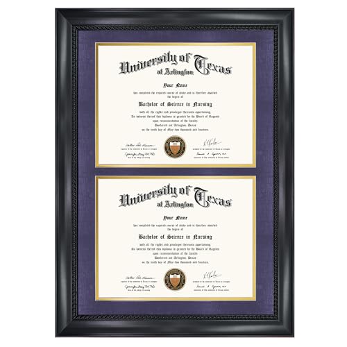 GMFrames Double 8.5x11 Diploma Certificate Frame, Solid Wood & Tempered Glass, Cherry Lacquer Finish & Intricate Rope Detail, Purple over Gold Mat - color: Black / Purple Gold Mat, size: 14x20 for Double 8.5x11