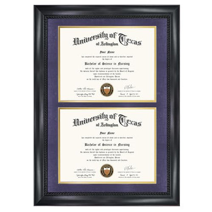 GMFrames Double 8.5x11 Diploma Certificate Frame, Solid Wood & Tempered Glass, Cherry Lacquer Finish & Intricate Rope Detail, Purple over Gold Mat - color: Black / Purple Gold Mat, size: 14x20 for Double 8.5x11