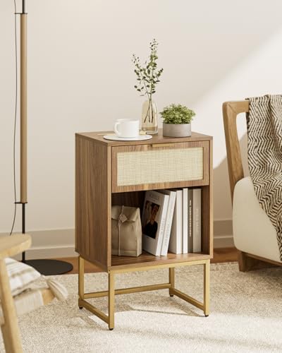 Masupu Rattan Nightstand,Modern Night Stand Boho Farmhouse Wood Bedside Table with Storage Drawer Side End Table for Bedroom, Office,Walnut Brown - color: Rattan-walnut Brown