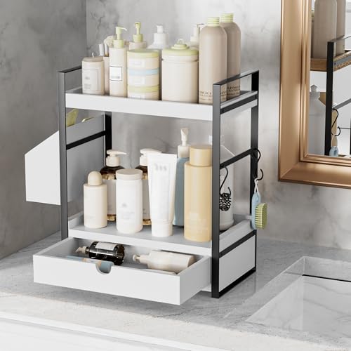 2-Tier Bathroom Counter Organizer, Wooden Vanity Shelf with Drawer & Basket | Pre-Drilled Holes, Skincare & Makeup Countertop Organizer and storage, White - color: White