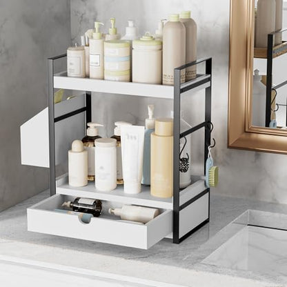2-Tier Bathroom Counter Organizer, Wooden Vanity Shelf with Drawer & Basket | Pre-Drilled Holes, Skincare & Makeup Countertop Organizer and storage, White - color: White