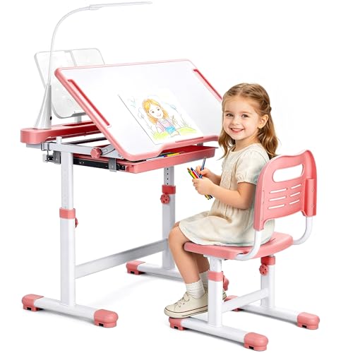 Rengue Kids Desk and Chair Set, Height Adjustable Children School Functional Study Desk with 55° Tiltable Desktop, 3 Modes & Brightness LED Light, Storage Drawer & Metal Hook for Boys Girls (Pink) - color: Pink