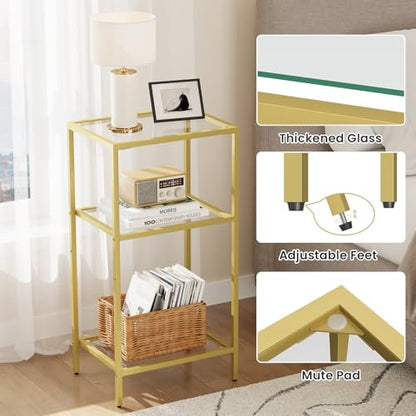 Gold Side Table with Tempered Glass,End Table with Storage Shelve | 3-Tier Small Gold Nightstand, Tall Table Stand for Home Decor, Living Room, Bedroom, Office, Gold - size: 1 Pack