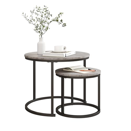HOJINLINERO Round Coffee Table,Nesting Coffee Table Set of 2,Center Tables for Living Room,Office, Home Small Space,Small Table Stacking Side Tables,Sturdy and Easy Assembly,Wood Desktop,Black+Grey - color: Grey, size: Small