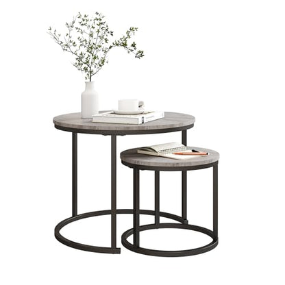 HOJINLINERO Round Coffee Table,Nesting Coffee Table Set of 2,Center Tables for Living Room,Office, Home Small Space,Small Table Stacking Side Tables,Sturdy and Easy Assembly,Wood Desktop,Black+Grey - color: Grey, size: Small