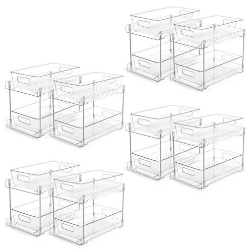 Vtopmart 8 Pack Bathroom Organizer, 2 Tier Clear Under Sink Organizers Vanity Countertop Storage Container,Cabinet Drawers Bins, Pull-Out Organization with Track for Pantry, Kitchen - color: Transparent, size: S-Standard (8 Pack)
