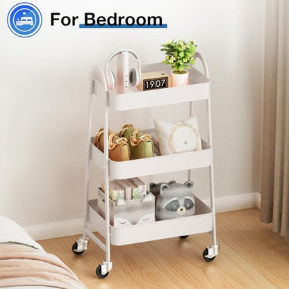 DUMOS 3 Tiers Metal Rolling Utility Cart with Lockable Wheels, Mobile Storage Organizer, Utility Shelving Unit for Kitchen, Office, Bathroom, Laundry, Narrow Places, White - color: 3 Tiers White