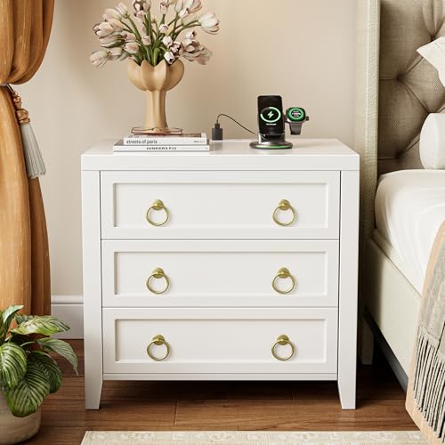 Huuger Paint Night Stand with Charger Station, 3 Drawer Nightstand Set of 2 | Larger Wider Bedside Table with USB-C Port, Modern End Table, for Bedroom, Living Room, White Nightstand - color: White