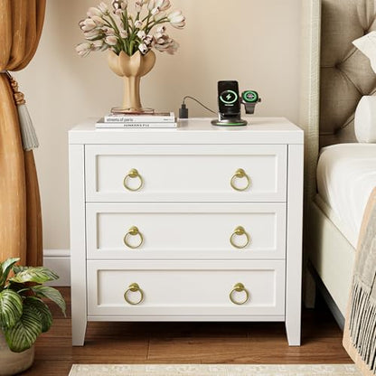Huuger Paint Night Stand with Charger Station, 3 Drawer Nightstand Set of 2 | Larger Wider Bedside Table with USB-C Port, Modern End Table, for Bedroom, Living Room, White Nightstand - color: White
