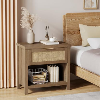 Eclatara Rattan Night Stands Set of 2, Boho Bedside Table with Drawer and Storage Shelf, Farmhouse Accent Nightstands Side Table for Bedroom Sofa Office (2, Reclaimed Caramel Oak) - color: Caramel Oak (Large 1 Drawer)