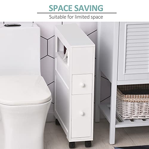 HOMCOM 6.25" x 20.5" x 28.25" Wood Rolling Narrow Bathroom Side Storage Cabinet - White - color: White