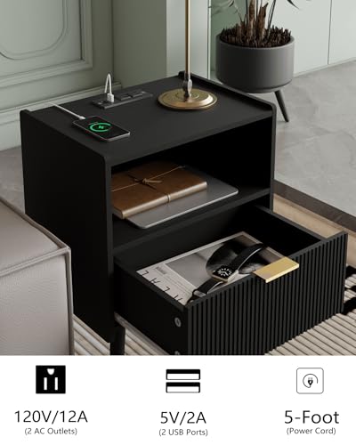 Veegle Nightstand,Modern Bedside Table with Storage Drawer and Open Wood Shelf, Accent Night Stand with Solid Wood Legs for Living Room, Bedroom and Small Spaces,Easy Assembly (Black-Outlet) - color: Black-outlet
