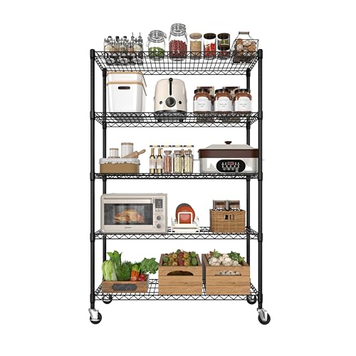 BlueWish 5-Tier Heavy Duty Steel Wire Shelving Unit with Wheels, Adjustable Storage Shelving Unit, 18" D x 48" W x 76" H NSF Certified Rolling Shelving for Kitchen Garage Basement Warehouse, Black - color: Black, size: 18" D x 48" W x 76" H