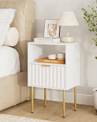 Nightstand,Modern Bedside Table with Gold Frame,White Night Stand,Bedside Furniture, Modern Side Table with Drawer and Shelf for Bedroom,Living Room (White) - color: White