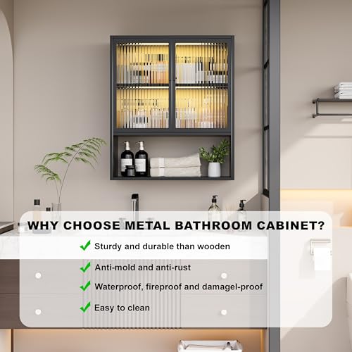 Metal Bathroom Wall Cabinet with Glass Doors | Medicine Cabinet with 2 LED Light, Metal Wall Mounted Cabinet with Open Shelf for Laundry Room, Black - style: Half Glass Door Black