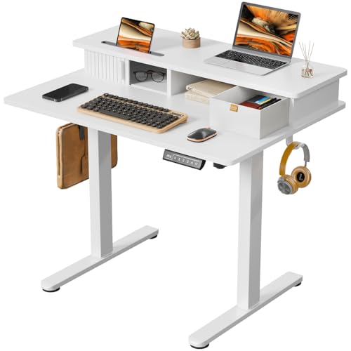 JOY worker Small Electric Standing Desk, 35" x 25" Height Adjustable Desk with Built-in Monitor Stand & Storage Drawer, White Sit Stand Table with 2 Hooks for Home Office - color: White, size: 35inch