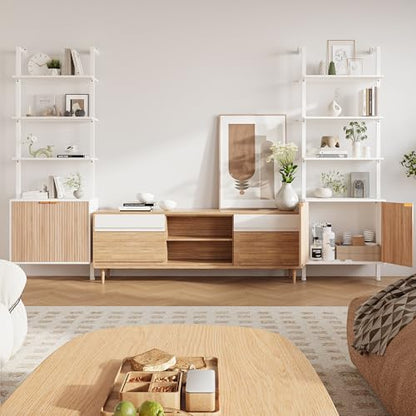 INNOD 74" Tall Bookshelf with Storage Cabinet, Modern Ladder Shelf with Wood and Metal Frame, Wall Mount Bookcase Open Display Shelf Furniture for Living Room, Bedroom, Home Office, White and Oak - color: White & Oak