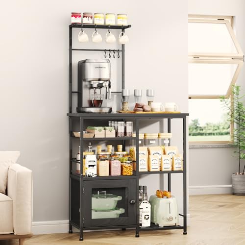 SWTYMIKI Bakers Rack with Storage - Coffee Bar Cabinet Organizer with 8 Hooks, Shelves & Cabinet Door, Coffee Station for Kitchen Dining Room, Microwave Stand with Adjustable Feet, Black - color: Black, size: Coffee Station with Hanging Rack