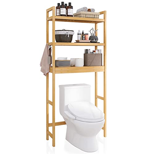 SMIBUY Bathroom Storage Shelf, Bamboo Over-The-Toilet Organizer Rack, Freestanding Toilet Space Saver with 3-Tier Adjustable Shelves (Natural) - color: Natural
