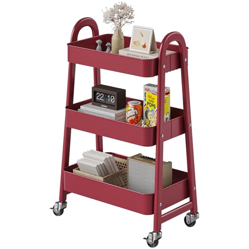 DUMOS 3 Tiers Metal Rolling Utility Cart with Lockable Wheels, Mobile Storage Organizer, Utility Shelving Unit for Kitchen, Office, Bathroom, Laundry, Narrow Places, Red - color: 3 Tiers Red