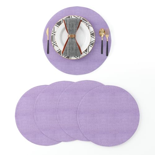 Set of 4 Round Placemat 15 Inch Soft Linen eco-Friendly Fabric Handcrafted Machine Washable Indoor & Outdoor Tablemat Lilac - color: Lilac, size: Round Placemats 15"