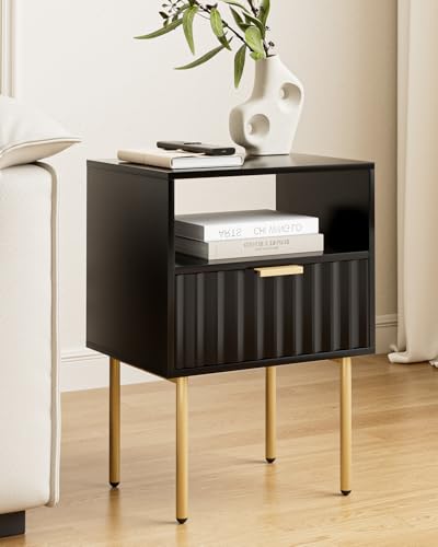 Night Stand,Modern Bedside Table with Drawer and Shelf,Black Night Stand with Gold Frame,Small Side Table for Bedroom,Living Room - color: Black