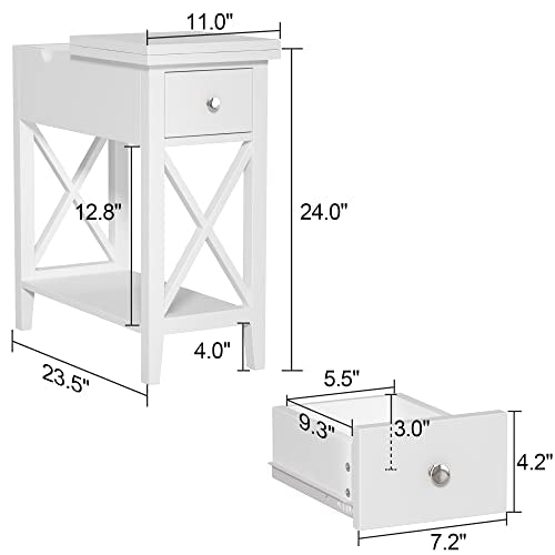 ChooChoo End Table, Flip Top Narrow End Table with Drawer | Narrow Side Table with Flip Top, Accent Small Side Table Nightstand for Living Room, Bedroom, and Small Spaces, White - color: White, size: 1 Pack, style: Without Power