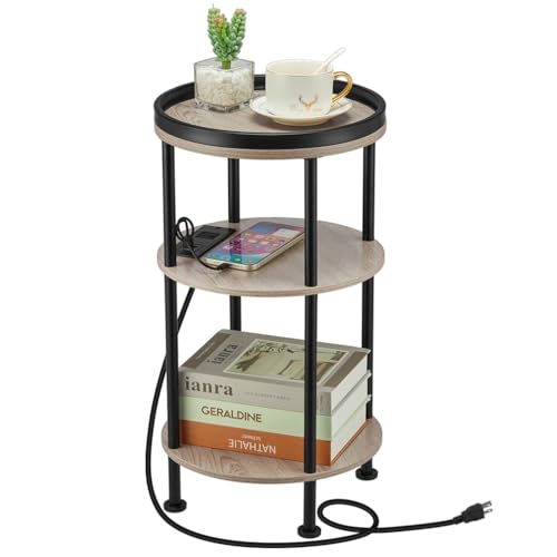 Small Round Side Table with Charging Station for Small Spaces, 3-Tier Accent Table with USB Ports & Power Outlets, Corner Tea Table Sofa Table for Living Room Nightstand Bedroom Apartment(USB,Oak) - color: Oak, style: USB Charger