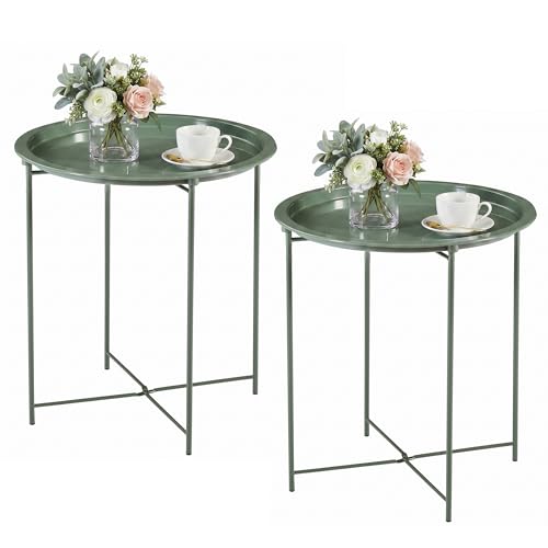 VECELO Side/End Table, Folding Round Metal Anti-Rust and Waterproof Outdoor or Indoor Tray for Living Room Bedroom Balcony and Office, 2 PCS, Dark Green - color: Dark Green, size: 2 PCS