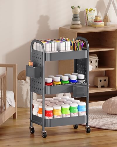 ALVOROG 3 Tier Rolling Cart with DIY Pegboards Metal Utility Cart with Wheels Handles Baskets Hooks, Storage Cart for Office Kitchen Bathroom(Gray) - color: Grey
