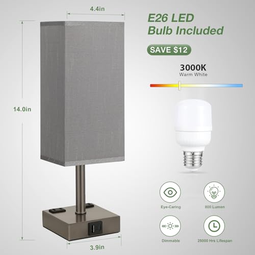 Grey Touch Lamps Set of 2 for Bedroom - Dimmable, USB C+A, 2 AC Outlets | 3-Way Dimming, 3000K LED Bulbs Included, Square Grey Lampshade Grey Base, Small Bedside Lamp for Nightstand, Desk - color: Grey-Grey