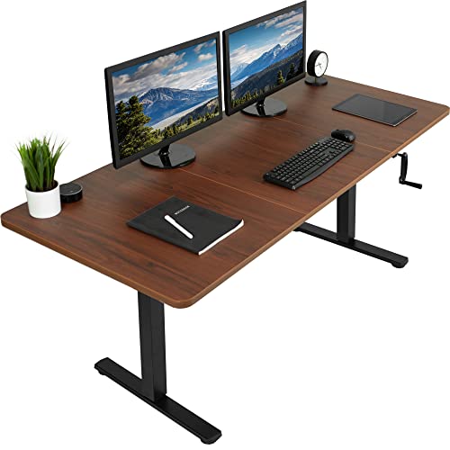 VIVO Manual Height Adjustable 71 x 30 inch Stand Up Desk, Dark Walnut Table Top, Black Frame, Standing Workstation with Foldable Handle, DESK-KIT-MB7D - color: Dark Walnut Top / Black Frame, size: 71" x 30"